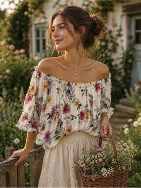 Boho Off Shoulder Floral Peasant Top Oversized Festival Cottagecore